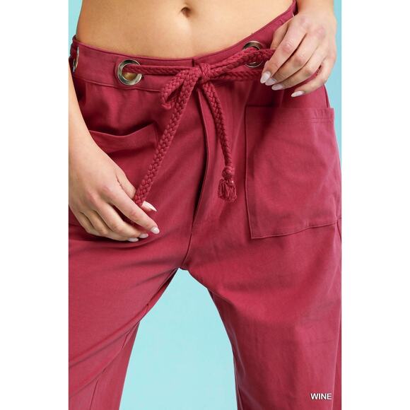 Umgee High Waist Adjustable Drawstring Casual Relaxed Fit Wide Leg Pants | Wine - Picture 5 of 5